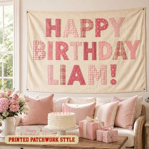Custom Happy Birthday Banner, Personalized Pink Printed Patchwork Style Backdrop, Girls Birthday Party Decor, Custom Name Fabric Sign