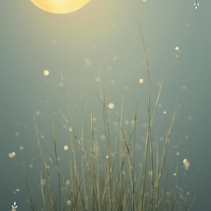 Puede incluir: Ilustración digital artística con una gran luna amarilla brillante en un cielo turquesa. Elementos altos y delgados parecidos a hierba se elevan desde la parte inferior, con las palabras "Morning Dew" en blanco. Delicados acentos florales enmarcan la imagen.