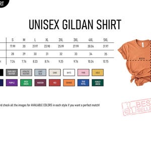 May include: Size chart for a Unisex Gildan shirt, showing measurements for width, length, and sleeve length in inches. Includes a color palette with options like black, navy, purple, and more. A folded orange shirt is shown.