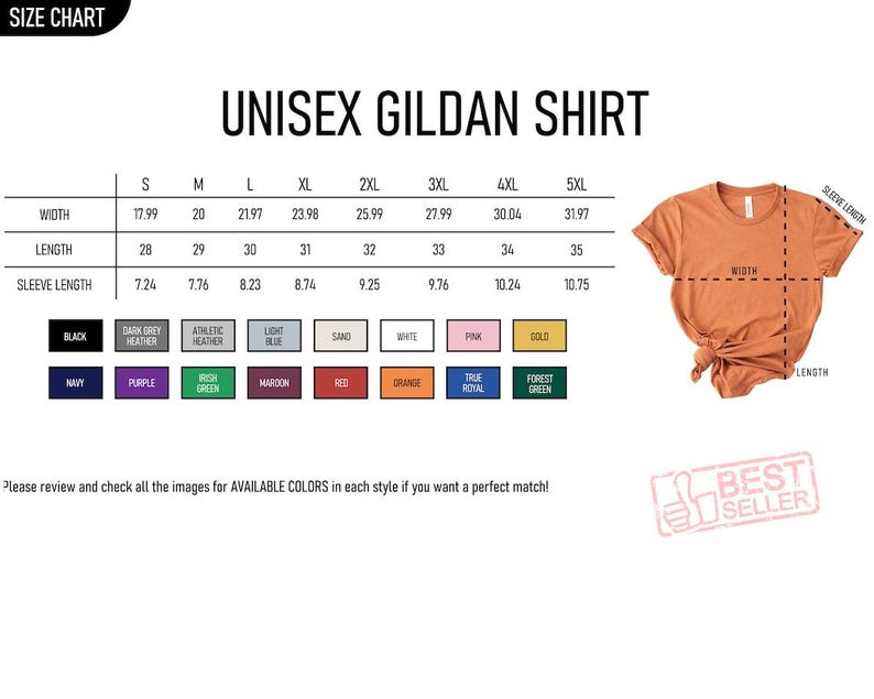 May include: Size chart for a Unisex Gildan shirt, showing measurements for width, length, and sleeve length in inches. Includes a color palette with options like black, navy, purple, and more. A folded orange shirt is shown.