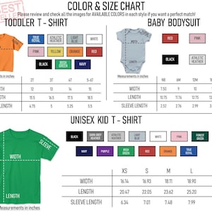May include: Color and size chart for toddler t-shirts, baby bodysuits, and unisex kid t-shirts. The chart includes measurements in inches for width, length, and sleeve length, along with color options for each style. The image also includes the text "BEST SELLER".