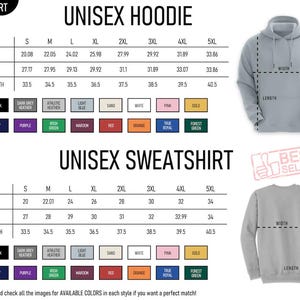 May include: Size chart for unisex hoodies and sweatshirts, with measurements in inches for width, length, and sleeve length. Includes color options like black, navy, and purple. The image also shows a hoodie and a sweatshirt.