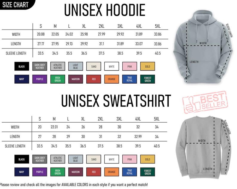 May include: Size chart for unisex hoodies and sweatshirts, with measurements in inches for width, length, and sleeve length. Includes color options like black, navy, and purple. The image also shows a hoodie and a sweatshirt.