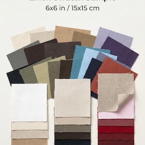May include: A collection of square linen fabric swatches in various colors, including white, beige, brown, gray, blue, red, and purple. The text Linen Swatch Sample 6x6 in is printed at the top. Each fabric piece has a visible woven texture.