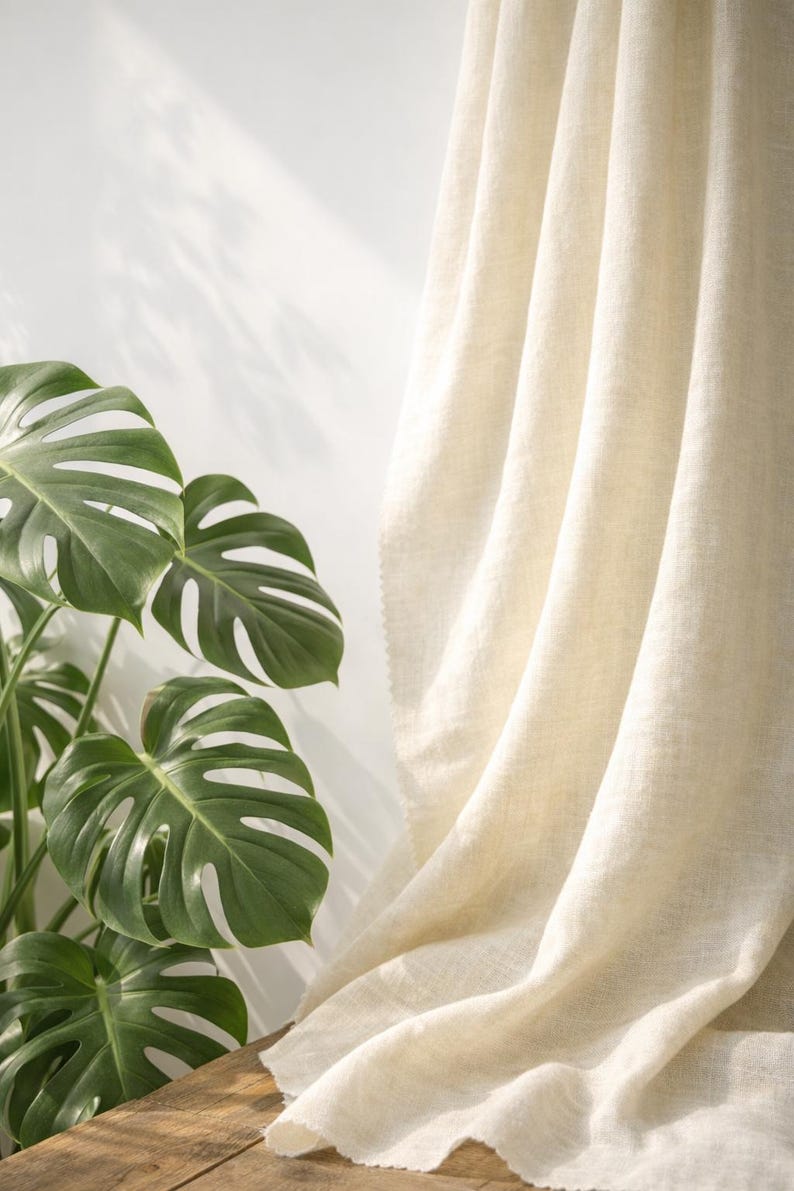 May include: A close-up of a cream-colored linen curtain with soft folds. The curtain is next to a lush green Monstera plant with large, split leaves. The scene is lit by natural light, creating shadows on a white wall.