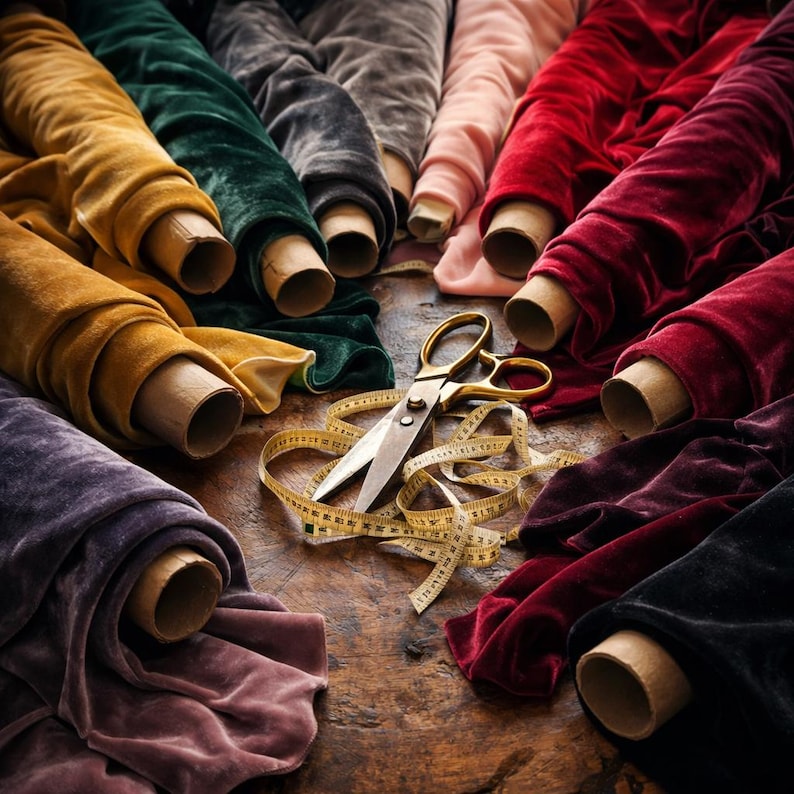 Puede incluir: M&uacute;ltiples rollos de tela de terciopelo en varios colores, incluyendo amarillo mostaza, verde esmeralda, gris, rosa claro, rojo, burdeos y negro, dispuestos alrededor de unas tijeras de metal dorado y una cinta m&eacute;trica amarilla con marcas en cm.