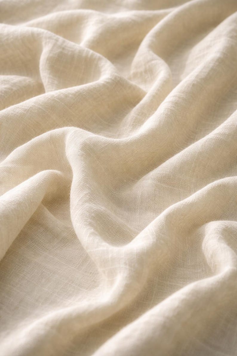 May include: Close-up of a cream-colored fabric with a soft, flowing texture. The fabric is draped in gentle folds, creating a sense of movement and depth. The weave is visible, suggesting a natural fiber textile.