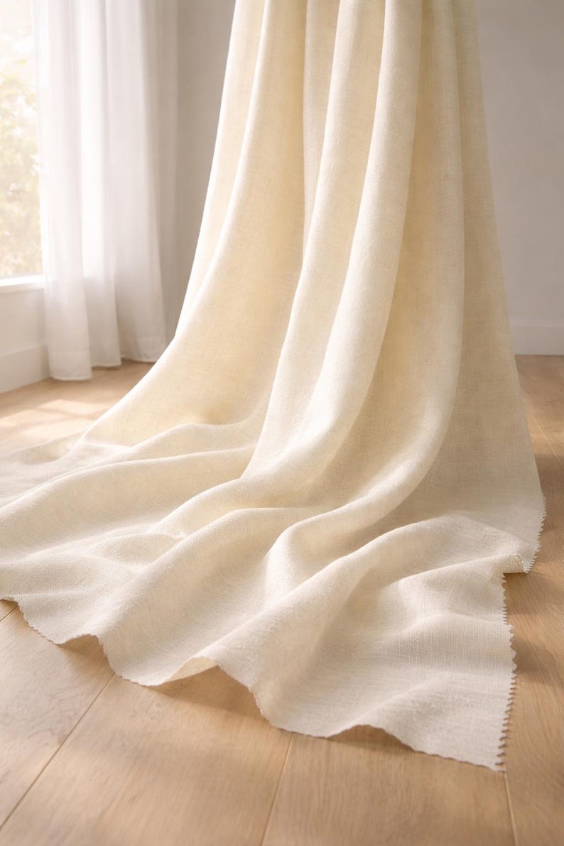 May include: Cream-colored linen curtain panel with a textured weave. The fabric drapes in soft folds, catching the light. The curtain is on a light wood floor, with a sheer white curtain in the background.