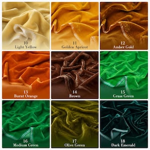Puede incluir: Una cuadr&iacute;cula de nueve muestras de tela con texturas de terciopelo en varios colores, etiquetadas 10 Light Yellow, 11 Golden Apricot, 12 Amber Gold, 13 Burnt Orange, 14 Brown, 15 Grass Green, 16 Medium Green, 17 Olive Green y 18 Dark Emerald.