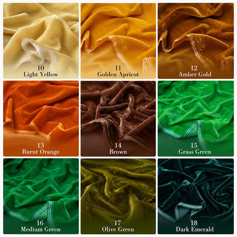 Puede incluir: Una cuadr&iacute;cula de nueve muestras de tela con texturas de terciopelo en varios colores, etiquetadas 10 Light Yellow, 11 Golden Apricot, 12 Amber Gold, 13 Burnt Orange, 14 Brown, 15 Grass Green, 16 Medium Green, 17 Olive Green y 18 Dark Emerald.