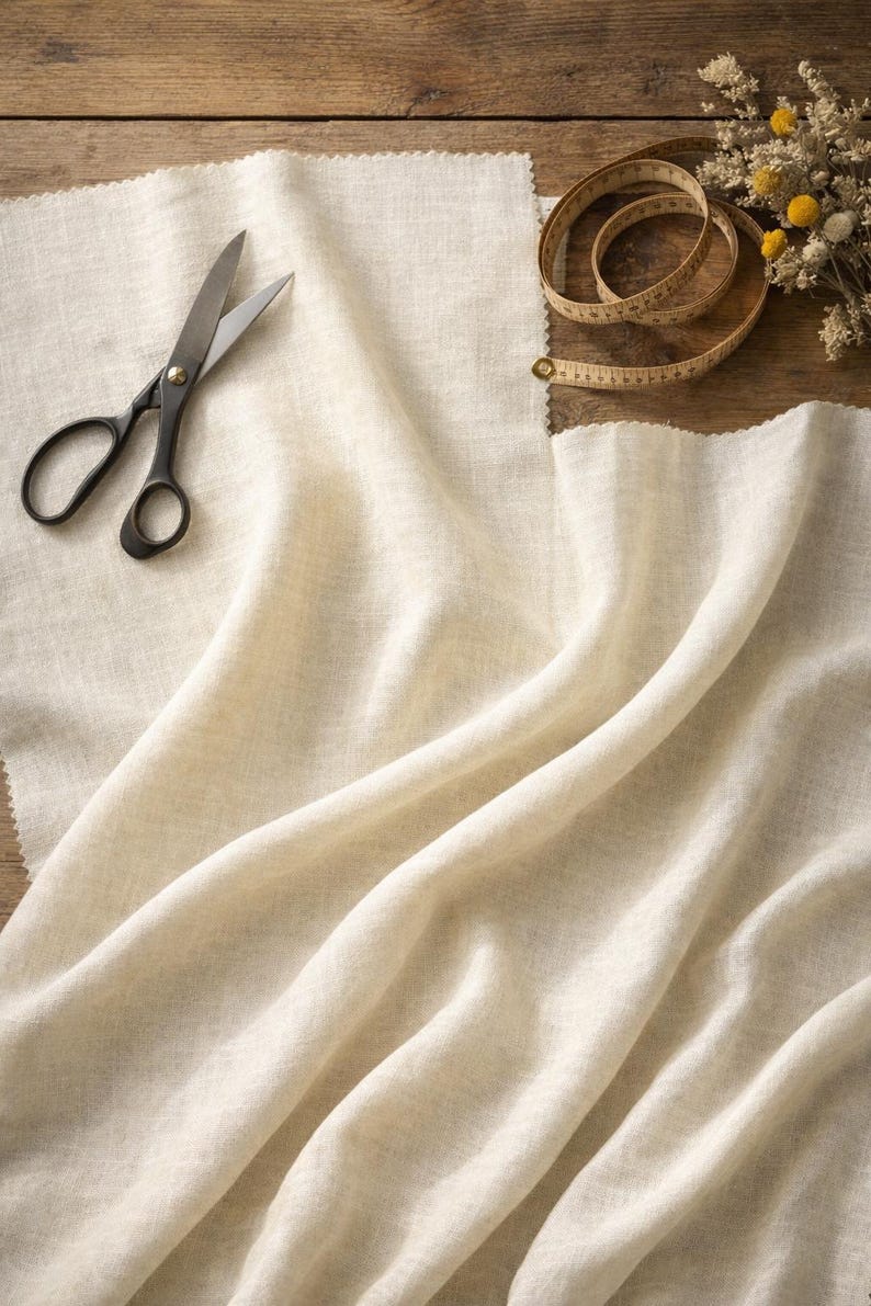 May include: A still-life image of sewing supplies on a wooden surface. The scene includes a pair of black-handled scissors, a beige measuring tape, and a bundle of dried flowers. A piece of cream-colored fabric is draped across the scene.