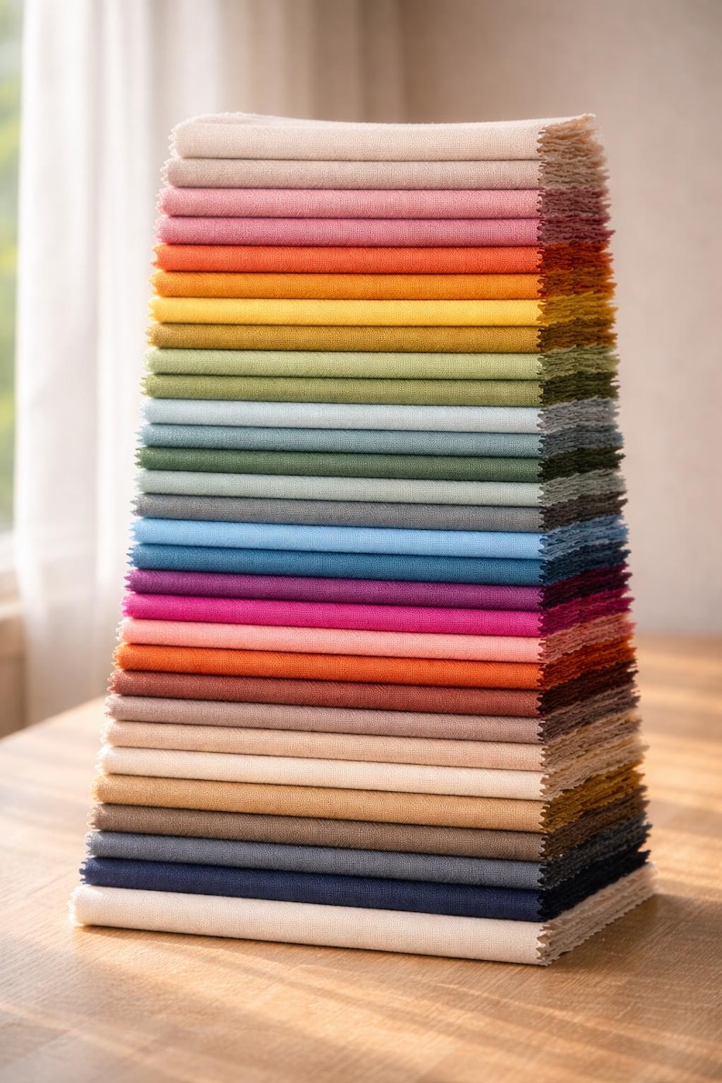 May include: A stack of fabric swatches in a variety of colors, including beige, pink, orange, yellow, green, blue, and purple. The swatches are neatly arranged, showcasing the different hues and textures of the fabric.