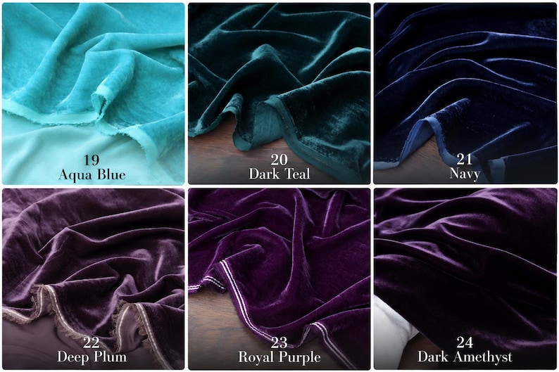 Puede incluir: Una colecci&oacute;n de seis muestras de tela de terciopelo etiquetadas 19 Aqua Blue, 20 Dark Teal, 21 Navy, 22 Deep Plum, 23 Royal Purple y 24 Dark Amethyst. Cada muestra presenta una textura rica que refleja la luz con pliegues visibles.