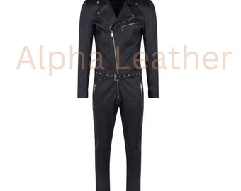 Men's Black Lambskin Leather Biker Jumpsuit | Slim Fit Moto Coverall