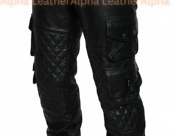 Men’s Genuine Leather Quilted Biker Cargo Pants – 6-Pocket Trousers