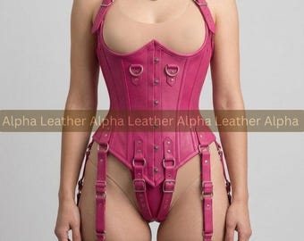 Rosa läderkorsettbody med seleband – Gotiskt spänneunderklädesset
