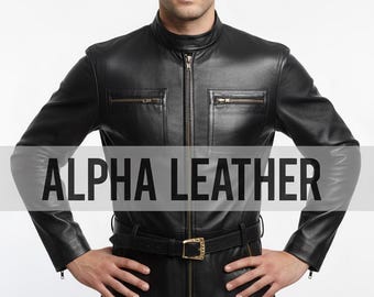 Men’s Black Leather Jumpsuit – Slim Fit Biker Outfit