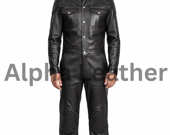 Men's Genuine Leather Jumpsuit | Handmade Black Biker Outfit