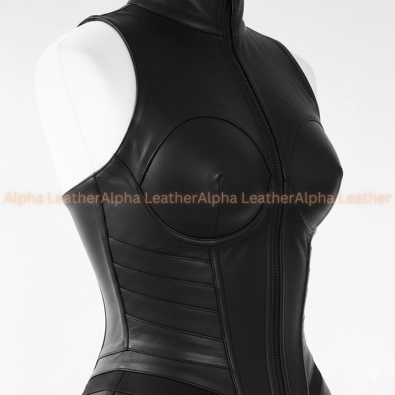 May include: A black leather corset with a high collar and a full-length zipper. The corset features a structured bodice with molded cups and horizontal paneling. The text "Alpha Leather" is printed in a light orange color.