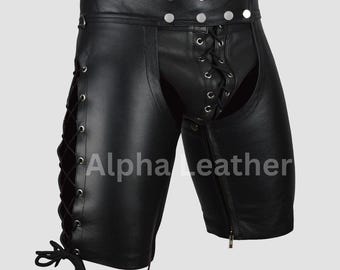 Men's Real Black Leather Clubwear Laced Chaps Shorts