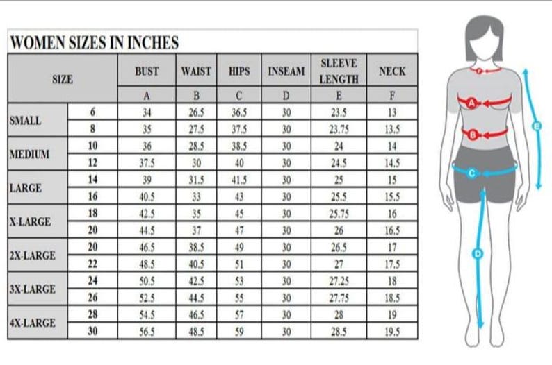 May include: A size chart for women's clothing, displaying measurements in inches. The chart includes bust, waist, hips, inseam, sleeve length, and neck measurements for sizes 6 through 30. A diagram of a woman illustrates where to measure.