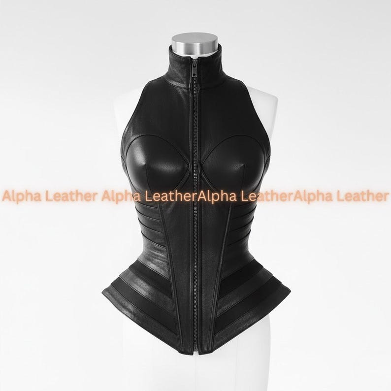 May include: A black leather corset with a high collar and a full-length zipper. The corset features a structured design with panels and a fitted waist. The text "Alpha Leather" is visible in the image.