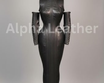 Genuine Sheepskin Leather Catsuit, Fitted Lace-Up Jumpsuit, Avant-Garde Outfit