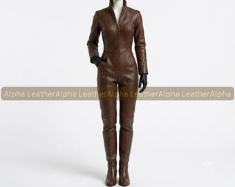 Dark Chocolate Leather Jumpsuit for Women – Sleek Modern Fit with High Collar