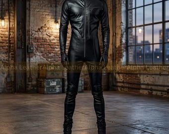 Men’s Black Sheepskin Leather Jumpsuit – Slim Fit Gothic Moto Bodysuit with High Neck Zipper