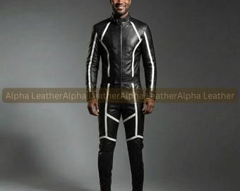Men’s Black Sheepskin Leather Jumpsuit with White Stripes – Moto Biker Racing Suit