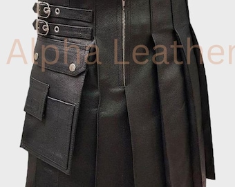 Handmade Cowhide Leather Utility Kilt – Black Cargo Highland Skirt