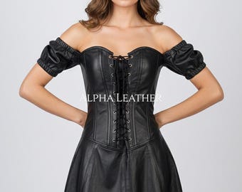Women’s Real Leather Corset Dress – Genuine Black  Lace-Up Off-Shoulder Gothic Dress