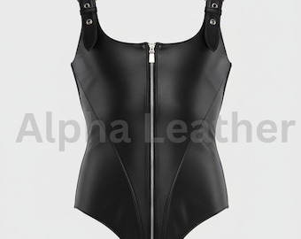 Black Sheepskin Leather Bodysuit for Women | Zip Front Structured Leather One-Piece Top
