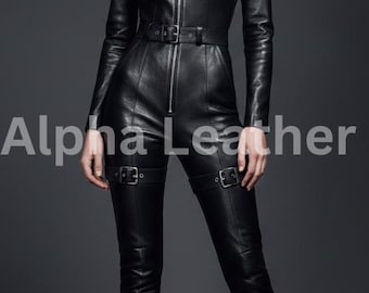 Women’s Genuine Sheepskin Leather Jumpsuit with Buckle Straps & Front Zipper – Black Full-Body Leather Outfit