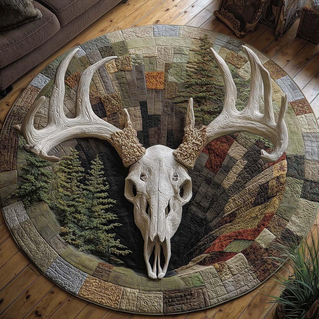 Deer Skull Round Rug 3D Printed, Rustic Antler Area Rug, Wildlife ...