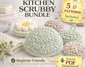 Crochet Kitchen Scrubby Pattern Bundle | 5 Eco-Friendly Cotton Dish Scrubber Designs for Beginners | Instant Download PDF