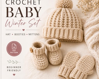 Crochet Baby Winter Set Pattern, Newborn Hat Booties Mittens PDF Download, Handmade Baby Shower Gift, Beginner Crochet, Instant Download