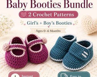 May include: A promotional image for a crochet pattern bundle. The image features two pairs of baby booties: one pair in purple with a pink trim and pom-poms, and another in blue with white trim. Text includes "Baby Booties Bundle" and "Instant Download."