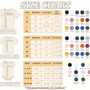 May include: Size chart for youth, toddler, and bodysuit apparel. Includes measurements in inches for width, length, and weight, along with fit sizes. Colour options are also listed.