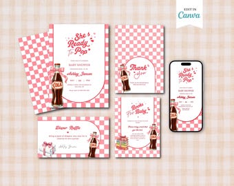 Babyparty-Set für Mädchen in Rosa: Retro-Cola-Thema, Canva-Vorlagen, 5x7-Einladung