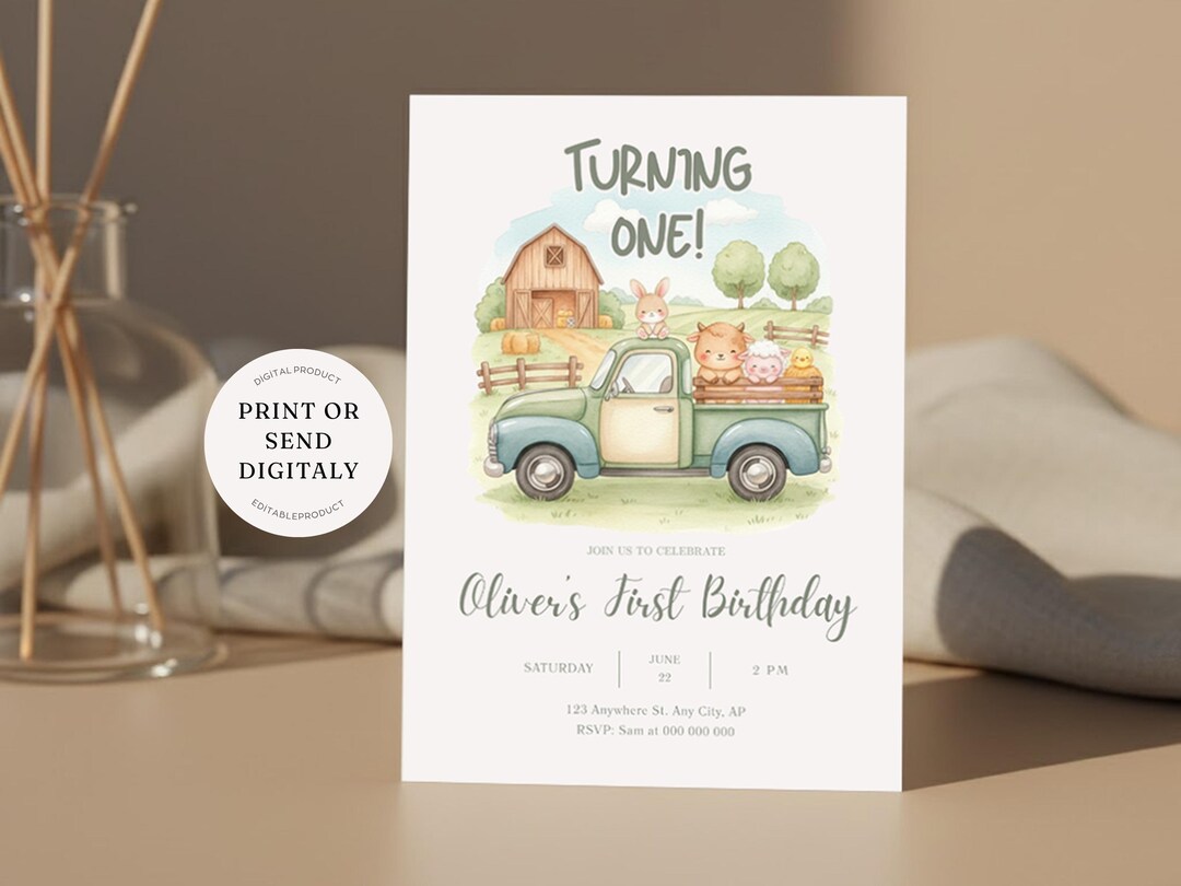 Farm Animals 1st Birthday Invitation, Editable Canva Template (digital ...