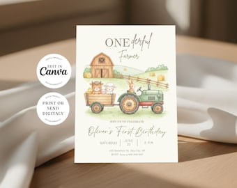 Farm First Birthday Invitation, Tractor Animals, Editable Canva (Digital Download)