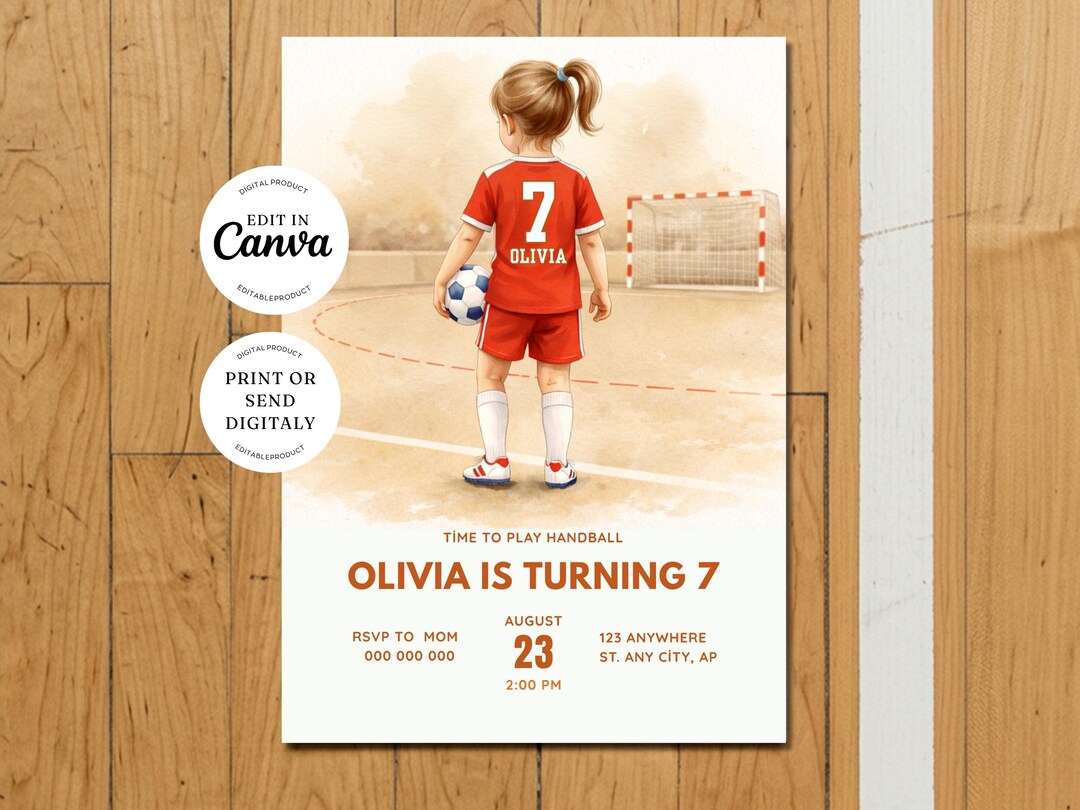 Handball Birthday Invitation for Girls: Editable Canva Sports Party ...