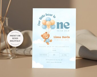 Our Little Bear First Birthday Invitation, Teddy Bear Boy Birthday Invite, Editable Canva Template, One Year Old Invitation Digital Download