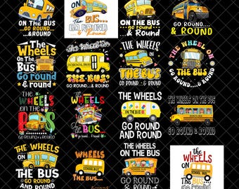 Die Räder des Busses fahren runden PNG Bundle, Schulbus Kinder Lied Png, rundes rundes PNG Design, niedliche Kindergarten Sublimation, Busfahrt PNG