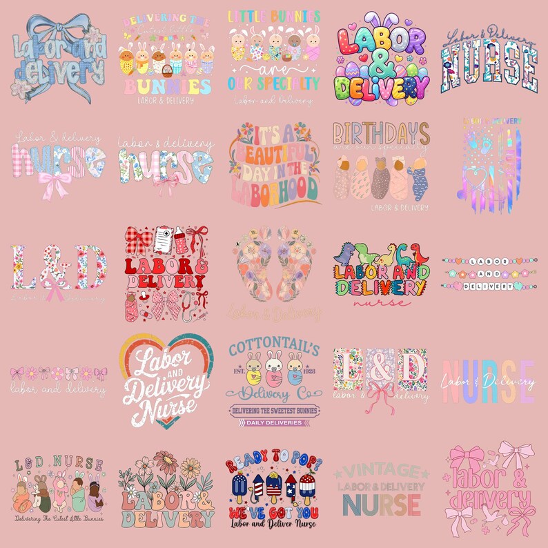 Puede incluir: Una colecci&oacute;n de dise&ntilde;os gr&aacute;ficos coloridos sobre un fondo rosa, con texto relacionado con el trabajo de parto y el parto. Los dise&ntilde;os incluyen lazos, conejitos y las palabras "Labor & Delivery" y "Nurse".