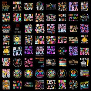 Op de afbeelding: Een verzameling van vierenzestig individuele grafische ontwerpen met kleurrijke typografie en illustraties met een schoolthema op een zwarte achtergrond. De tekst bevat zinnen zoals In My Testing Era, You Got This en Test Day, vergezeld van iconen van potloden, appels, smileys en boeken.