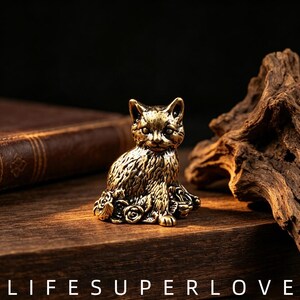 Vintage Solid Brass Rose Pattern Cat Figurine, Mini Floral Kitten Tea Pet Statue, Whimsical Cat Lover Desk Decor