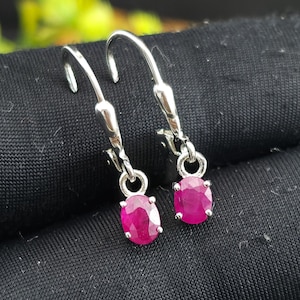 Natural Ruby East West Drop Earrings in 925 Sterling Silver, Oval Lever back Dangle, Minimalist Horizontal July Birthstone Jewelry