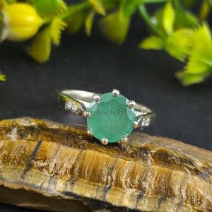 Natural Emerald Gemstone Ring With Real Diamond In 925 Sterling Silver Handmade Stackable Ring